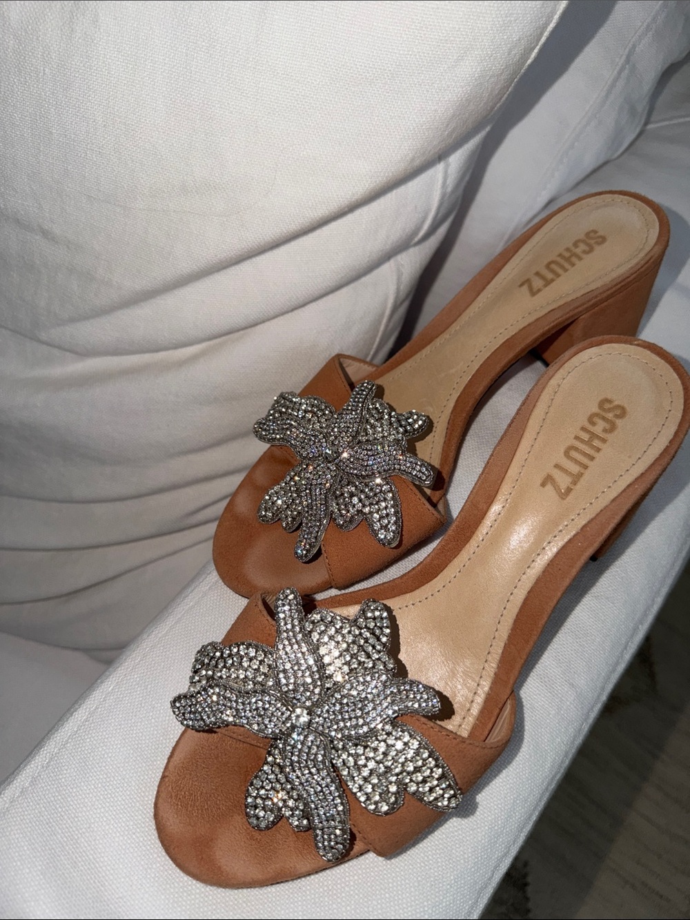 Schutz Ayanne Jeweled Flower Suede Block Heel Mule Sandals